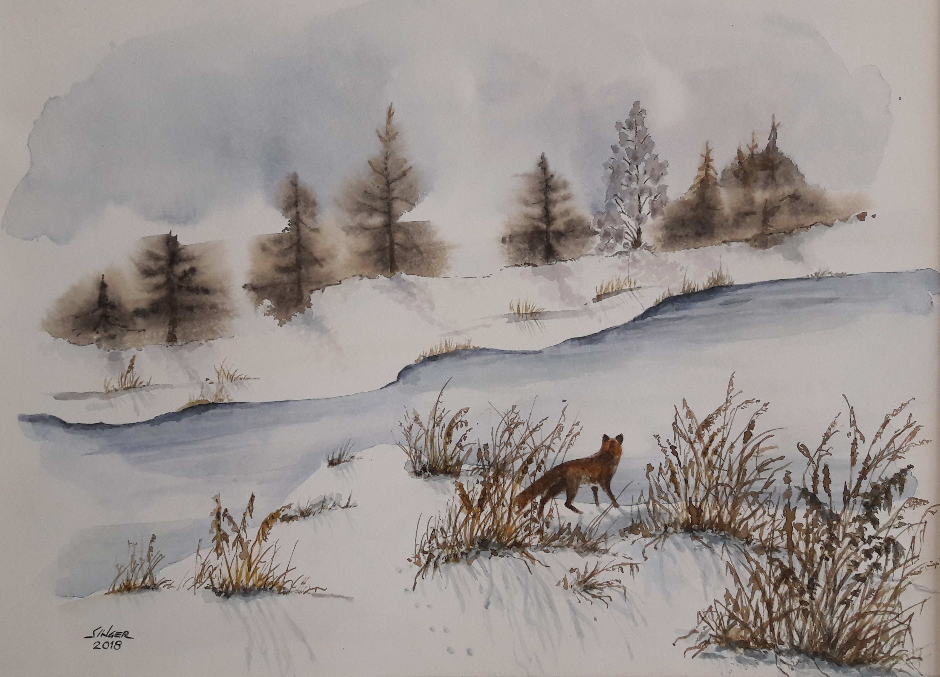 Fuchs am See Halt das Eis? Aquarell