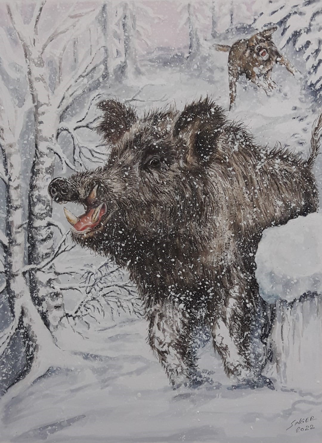 Wildschwein im Winter Aquarell